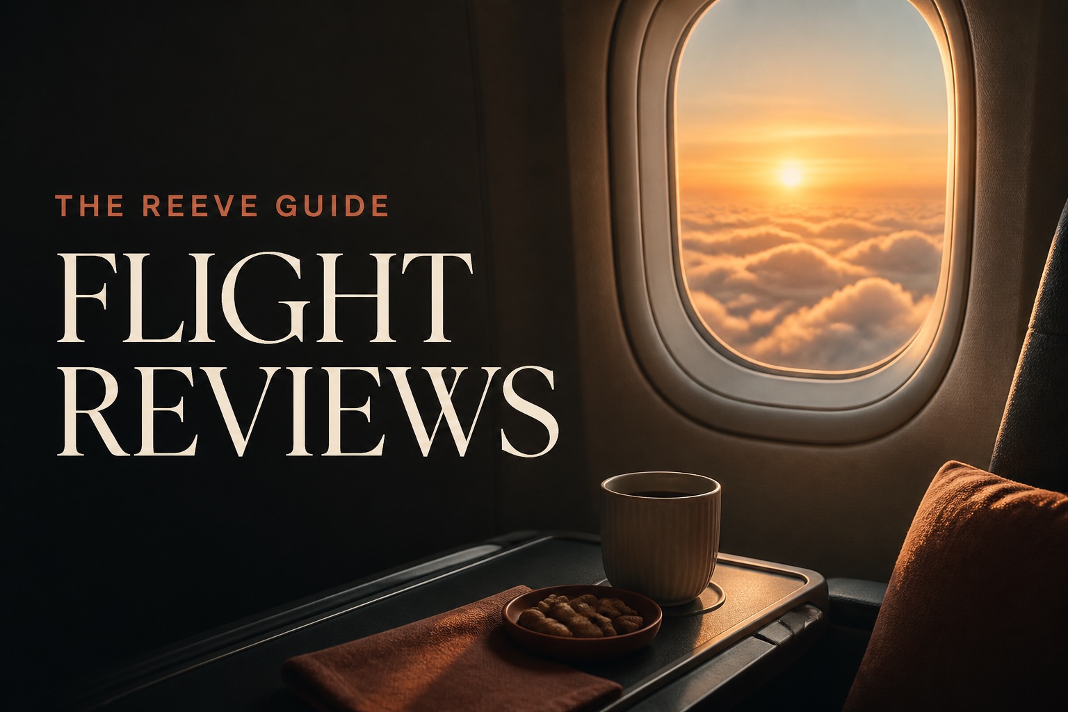 Flight Reviews by The Reeve Guide, shown beside an aircraft window overlooking sunlit clouds